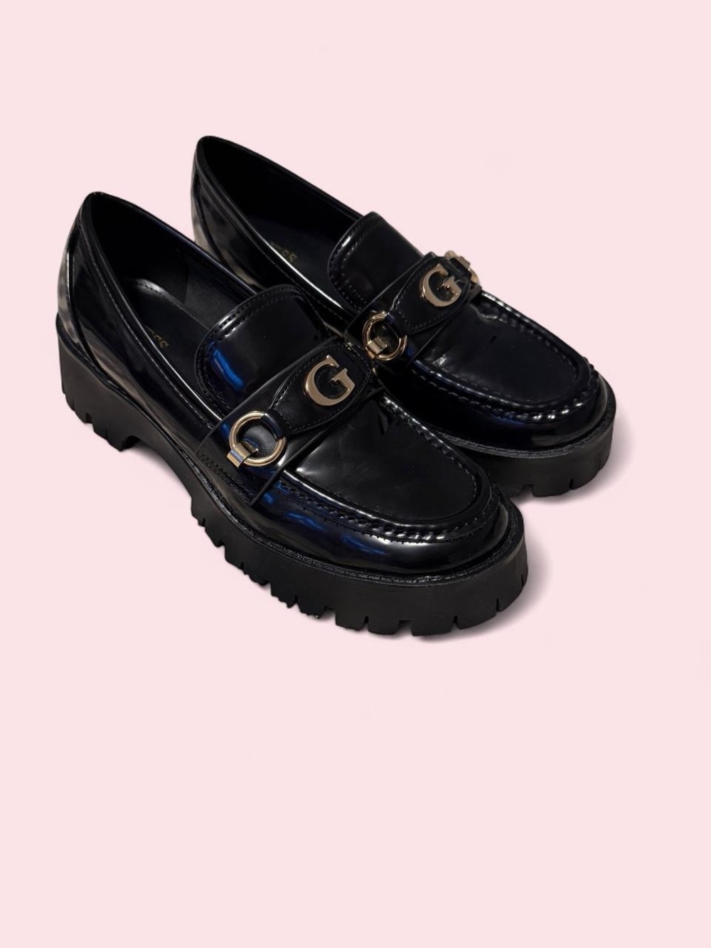 Guess Black Lug Sole Loafers with Gold Logo Accent